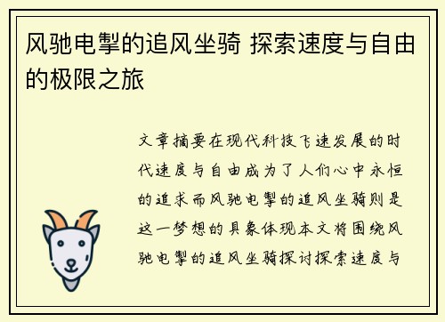 风驰电掣的追风坐骑 探索速度与自由的极限之旅
